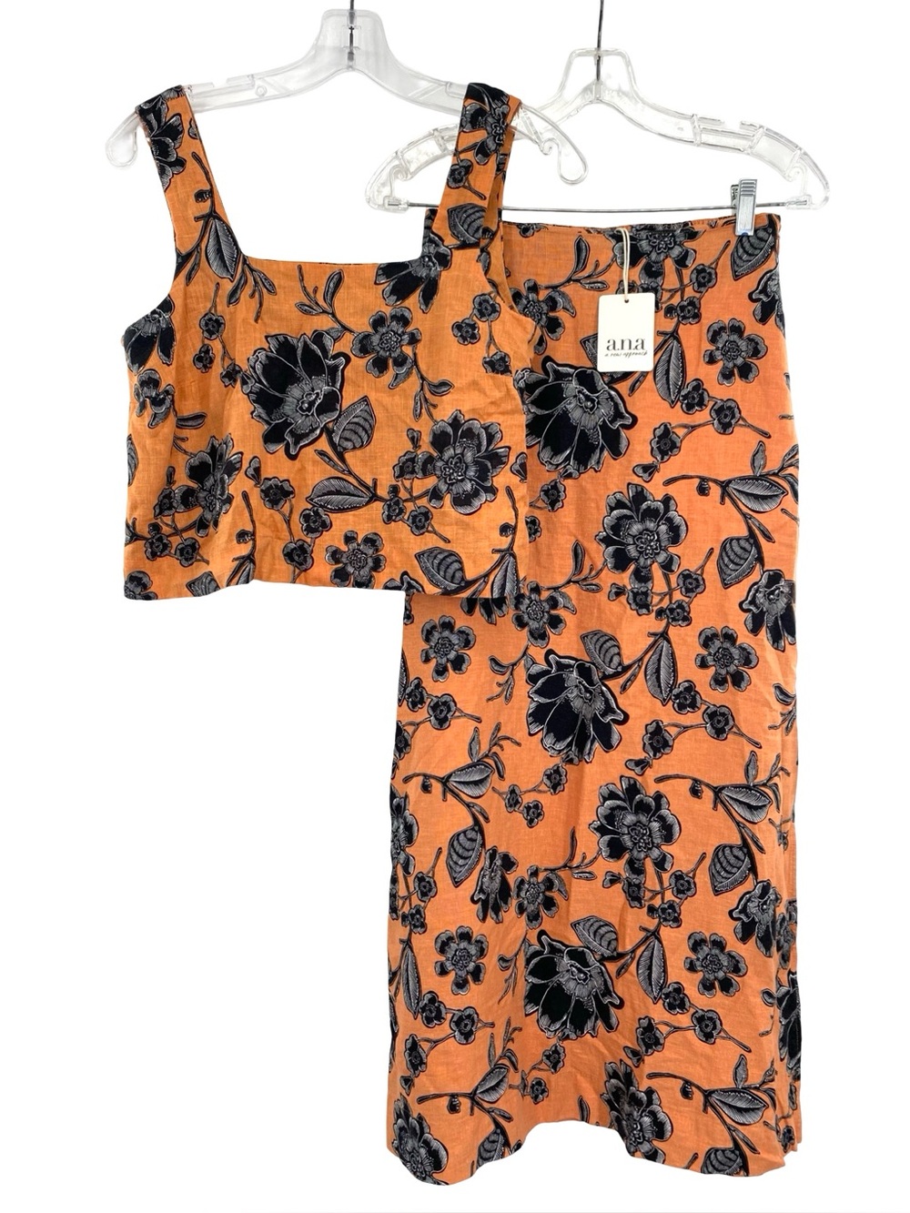 a.n.a Leonora Floral Orange Linen Blend Crop Tank Top and Maxi Skirt Set XS New